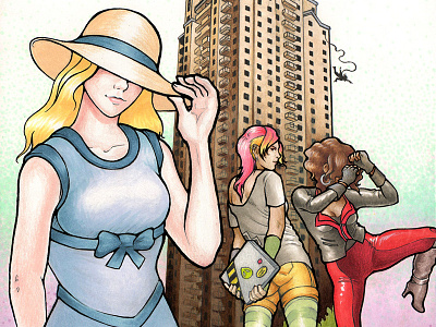 Book Cover for Girls' Heist Out action book cover comic book drama heist illustration skyscraper spy suspense thriller