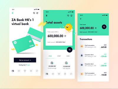 ZA Bank - Virtual bank account app art balance banking branding debit card finance fintech icon illustration money product design radesign transactions transfers uiux vector wallet