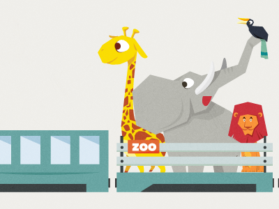 Animals On Train elephant giraffe hornbill illustration ipad lion retro train vector