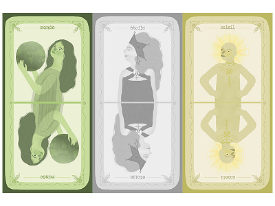 Monde, étoile, soleil - World, Star, Sun cards illustration monochromatic tarot