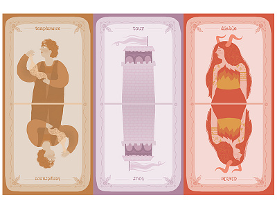 Tempérance, Tour, diable - Temperance, Tower, Devil cards illustration monochromatic tarot