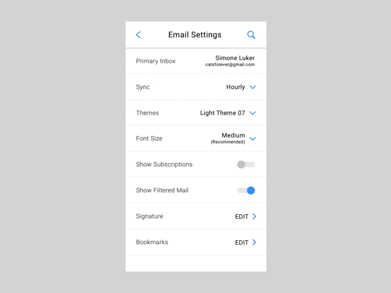 Settings Accordion Function app dailyui design email high fidelity inbox interaction design ixd minimal minimalist mockup prototype settings ui ux vector