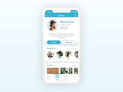 Profile page of a company's internal app blue buddy chat interests internal ios iphone x meetup profile profile design team ui