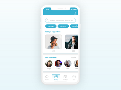 Buddies page of a company's internal app blue buddy chat find a buddy interests internal internal project ios iphone x meetup search suggestion team ui