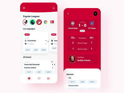 Sports Betting App | Red theme cards design flat football minimal product design sport typography ui ux