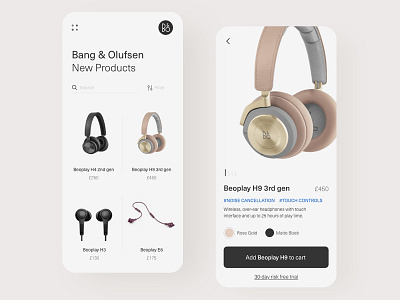 Bang Olufsen Mobile App concept app design flat headphones minimal product design rose gold scandinavian ui ux
