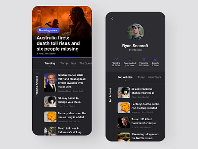 Dark UI Theme | News App Concept cards dark app dark theme dark ui design mobile mobile app news product design ui ui design uiux