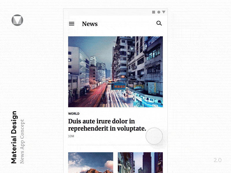Material Design 2.0 - News test android app gif instagram interaction material material design mobile onboarding ui uikit ux