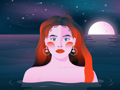 Midnight bath caracter colorful eyes face girl gradient illustration mermaid moon night pink reflection sea sky space stars vector water wave woman