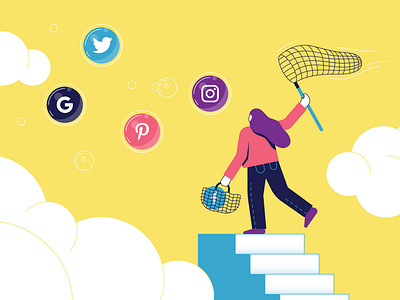 Multichannel Hunter bubble butterfly character clouds color colorfull facebook girl google hunt hunting illustration instagram platform sky socialmedia stairs twitter vector yellow