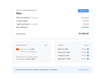Billing Dashboard 💳 bill billing cards checkout credit card information cta dashboard desktop app invoices pricing summary total ui ux