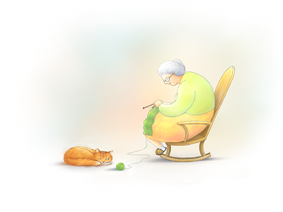 Hunting cat illustration knitting woman