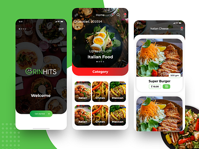 Grinhits - Food Delivery App app interaction category app creative food food app food illustration foodapp happyfood mobileapp ui ux uidesign ux design