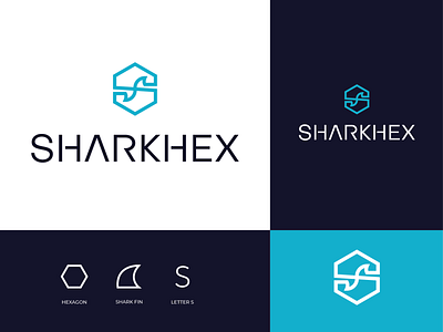 shark hex app brand branding clean concept design fin flat hexagon identity illustration letter logo minimal modern s shark vector