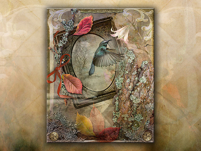 One More Before I Go antique frame autumn leaves fall colors hummingbird migration muted colors photo artistry photo collage ribbon seasonal tree bark winter scene