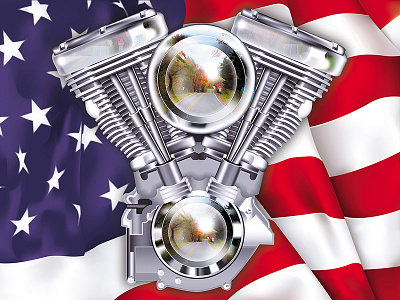 V-Twin Engine & Flag american flag chrome cylinder heads engine fabric gradient mesh mapped image metal motorcycle stars and stripes vector vtwin