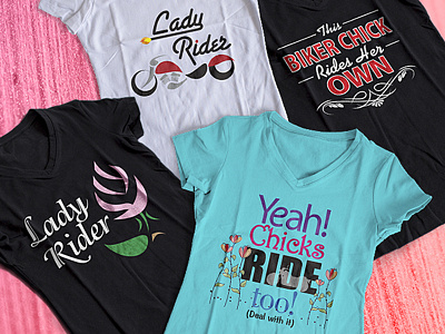Lady Rider T-Shirt Designs biker chick chicks ride hipster illustration lady rider motorcycle rosebud stylized tee shirt art tshirt design typography vector art