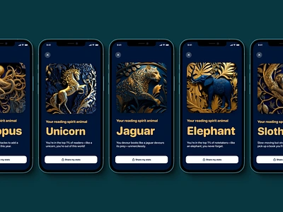 Reading Spirit Animals 2022 ai animals app books bookshelf elephant gold habit tracker ios jaguar midjourney octopus reading sloth spirit animal spotify wrapped ui unicorn year in review