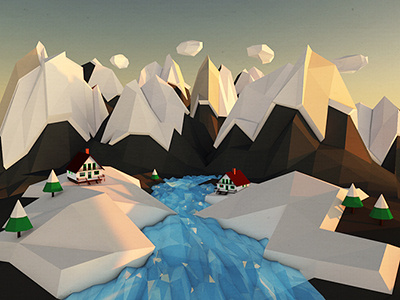 Low Poly Dusk 3d cinema4d houses landscape lowpoly maya mountains triangles