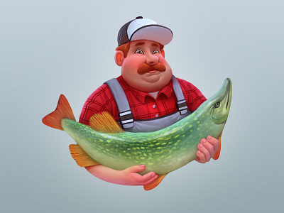 Fisherman character fish fisherman fishing logo logotype mascot pike render