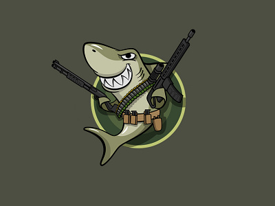 Shark character fish gun logo logotype machinegun mascot shark shoot shooting