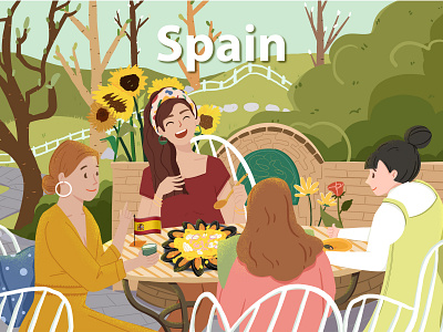 Spain | Eating paella in the outdoor garden design illustration travel typography