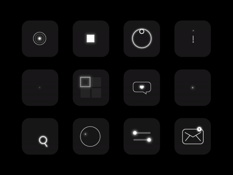 icon set for black mode adobe aftereffects animation black design icon icon set icons illustration kinetic like loading loading icon mail mailbox microanimation search ui vector