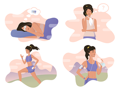 Set for illustrations for a fitness app character girl graphic design health illustration illustrator life lifestyle run set sleep ui