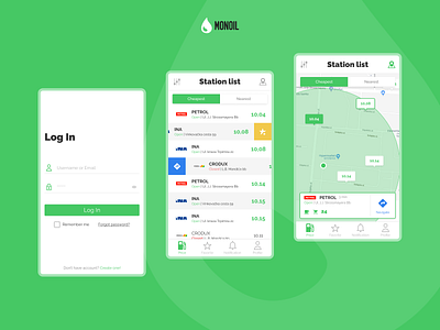 Monoil - gas price app app app design application gas gas station green list login map mobile mobile app navigation oil