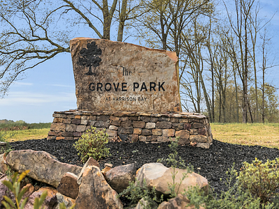The Grove Park - Neighborhood Entrance Sign engraving grove logo monument sign neighborhood stone tree