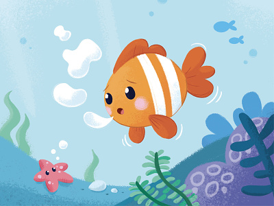 The little fish that can't make round bubbles bubbles character character design childrens book childrens illustration clownfish cute fish fish geometry illustrations kids book kids illustration nemo ocean sea