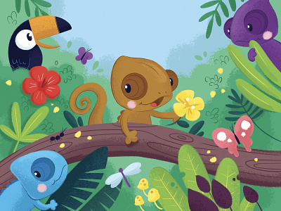 The chameleon that can't change colours butterfly chameleon character character design characters childrens book childrens illustration cute art digital illustration flower illustration jungle book kid kids illustration toucan