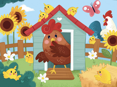 The hen who's lost her nice chicks character chick chicken childrens book childrens illustration counting cute animal cute illustration farm hen illustration kid kids illustration roaster sunflower