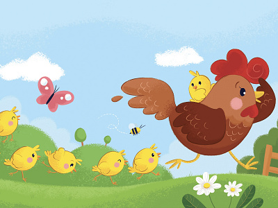 Run! character design chick chicken children book illustration childrens illustration cute animal cute illustration farm hen illustration kids art mum nature illustration run runner