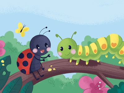 The ladybird who's lost without her friend caterpillar character character design children book illustration childrens illustration cute animal cute animals illustration kid kids art ladybird ladybug nature