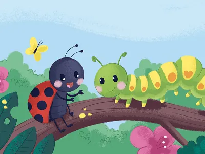 The ladybird who's lost without her friend caterpillar character character design children book illustration childrens illustration cute animal cute animals illustration kid kids art ladybird ladybug nature