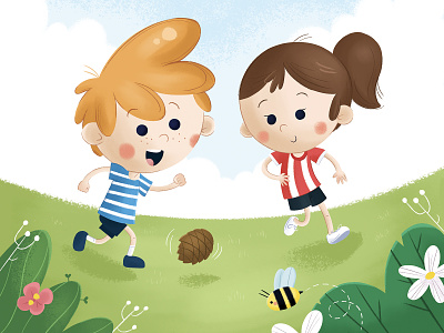 Friendship character character design child children book illustration childrens book childrens illustration football friends friendship game illustration kid pinecone playing