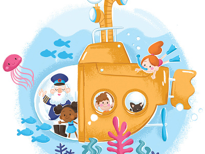 Yellow Submarine beatles cat children explore fish illustration ocean sea submarine travel yellow