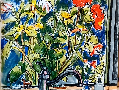 Kitchen Window View floral hand drawn illustration ink pens sketch