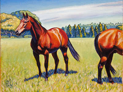 Mac and Friend, 10" x 8", oil on canvas horse illustration landscape painting