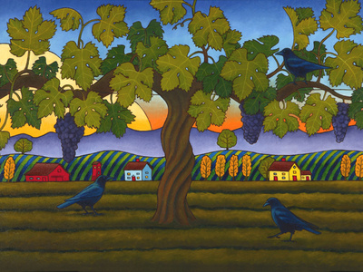 Vintage Crow, 36" x 24", oil on canvas crow grapevine illustration landscape painting vineyard