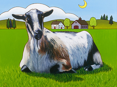 Haute Goature, 30" x 24", acrylic on canvas goat illustration landscape painting