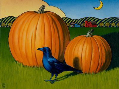 Crow's Harvest, 30" x 24", oil on canvas barn crow illustration landscape painting