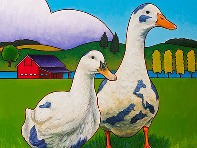 Betsy and Walter, 16" x 20", acrylic on canvas barn ducks farm illustration landscape painting
