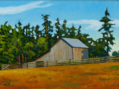 Stavros Barn, 7" x 5", oil on canvas barn farm illustration landscape