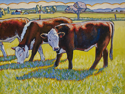 Prairie Lunch, 10" x 8", oil on canvas cow farm illustration landscape painting