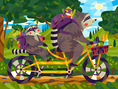 Raccoons on bike adobe illustrator bike character childrens illustration coloringbook flat illustration raccoons vector vector art vector illustration