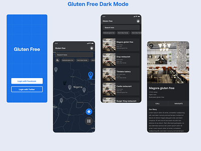 Gluten Free DarkMode branding darkmode design designthinking gluten gluten free lightmode location restaurant ui uiux
