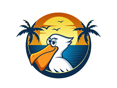 pelican beach logo animal beach caracter design cartoon design illustration logo sunset vector