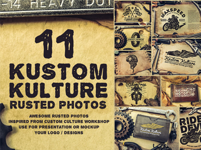 Kustom Kulture badges culture custom garage logo mockup motorcyle photos presentation rusted template tsvcreative